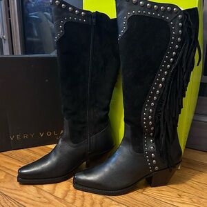 Very Volatile Black Studded Fringe Heeled Boots